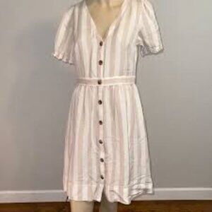 Loft Linen Blend Puff Sleeve Button Front Dress